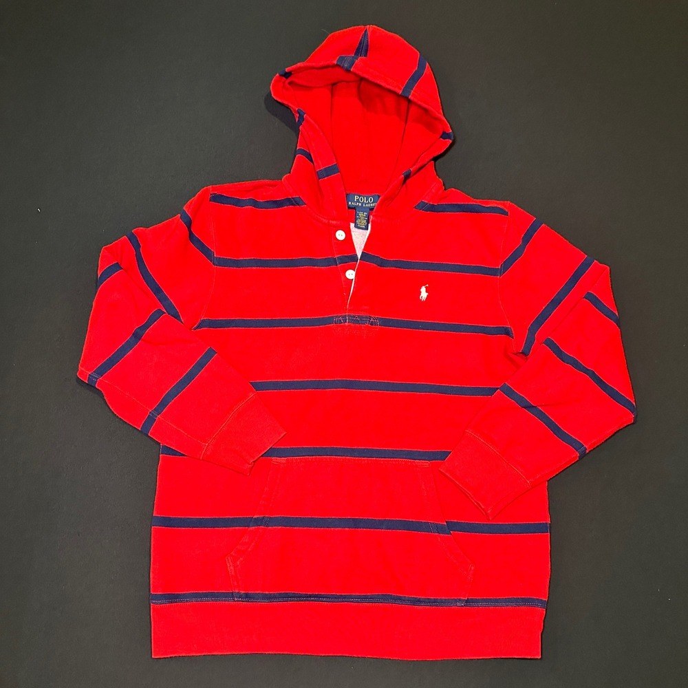Polo Ralph Lauren Boys Hoodie L 14-16 Red Striped Pullover Sweatshirt Preppy EUC